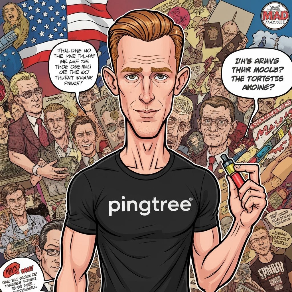 Crooks West - slender ginger-haired man with slicked back short hair, black Pingtree t-shirt, vaping